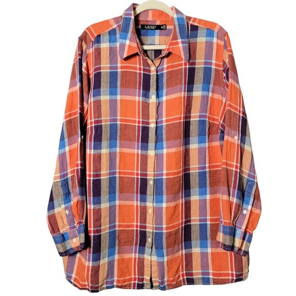 Lauren Ralph Lauren Tops - Ralph Lauren LRL Womens Black Label Plaid Linen Long Sleeve Button Up Shirt 2X